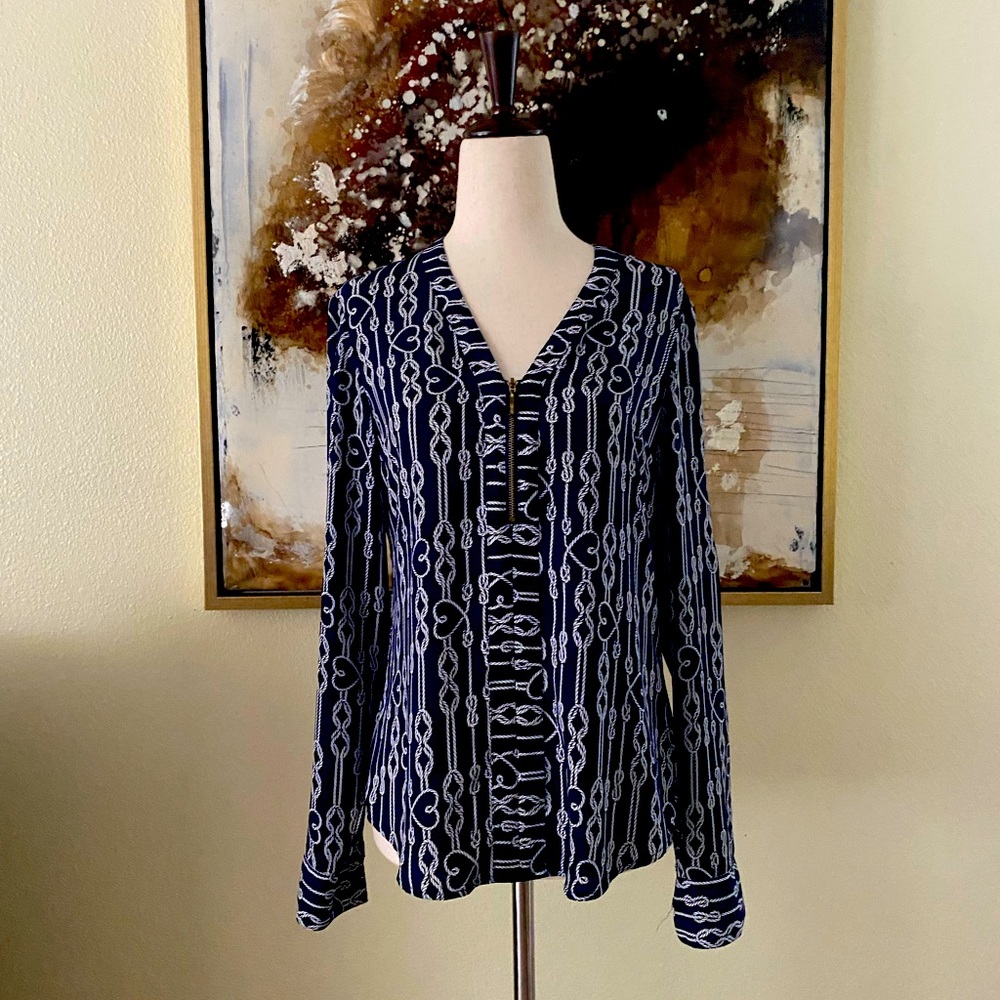 Express navy blue and white long sleeve zip blouse size XS EC~